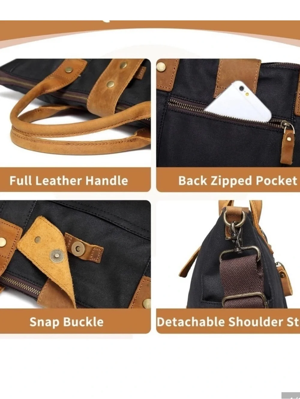 VASCHY Waxed Canvas Leather High Capacity Laptop Crossbody Bag Black Brown Tote